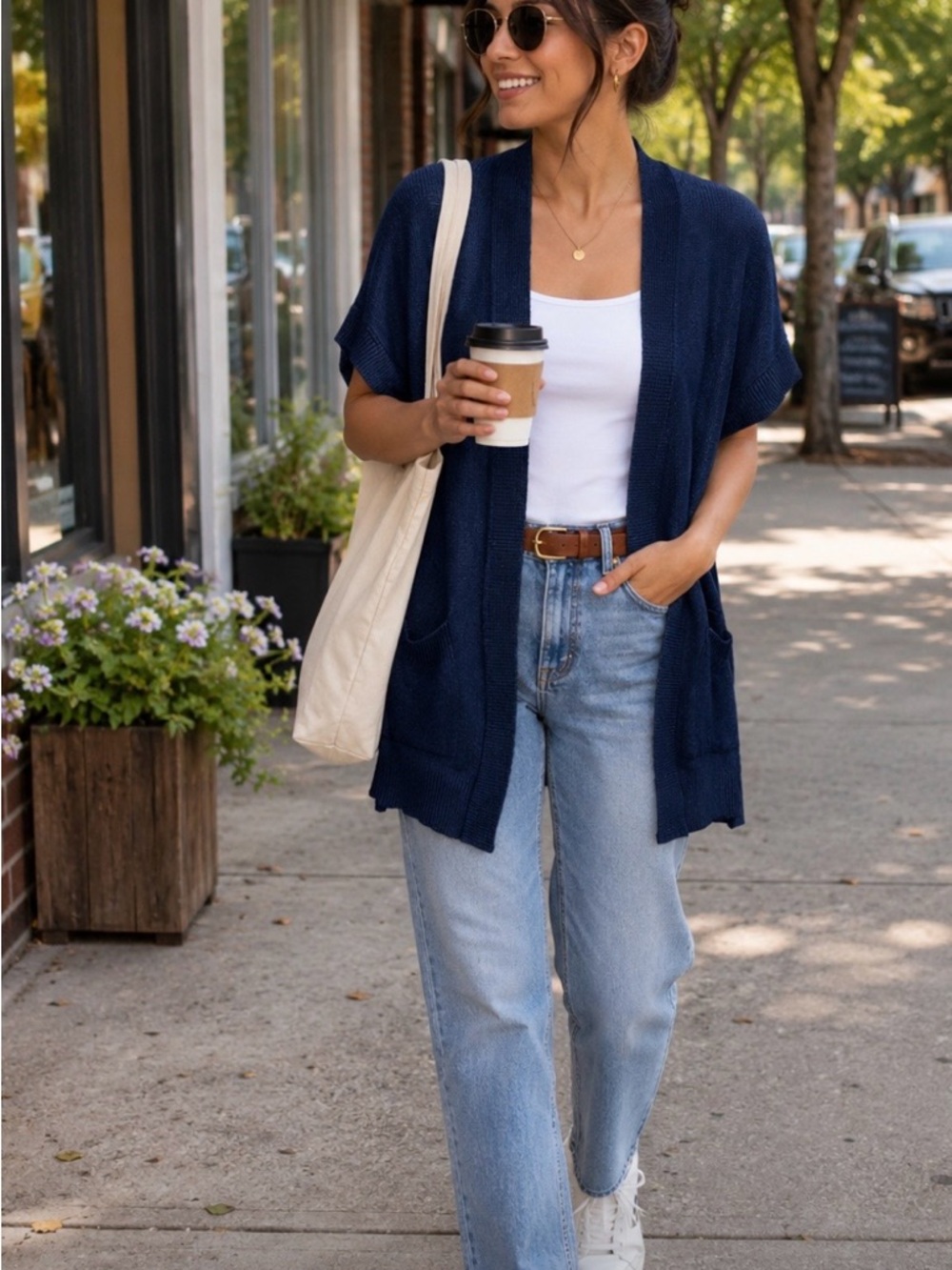 LOFT Navy Open-Front Short-Sleeve Cardigan with Pockets